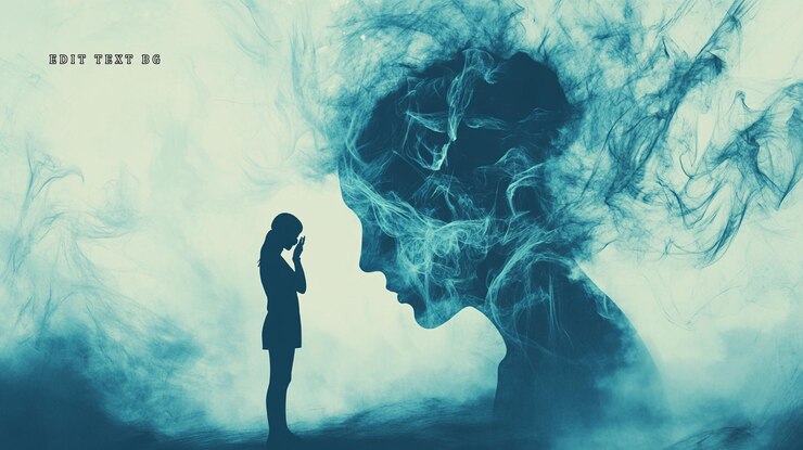 PSD 精神的健康の苦労を象徴する煙っぽいエーテル的な女性の姿に直面する女の子のシルエット