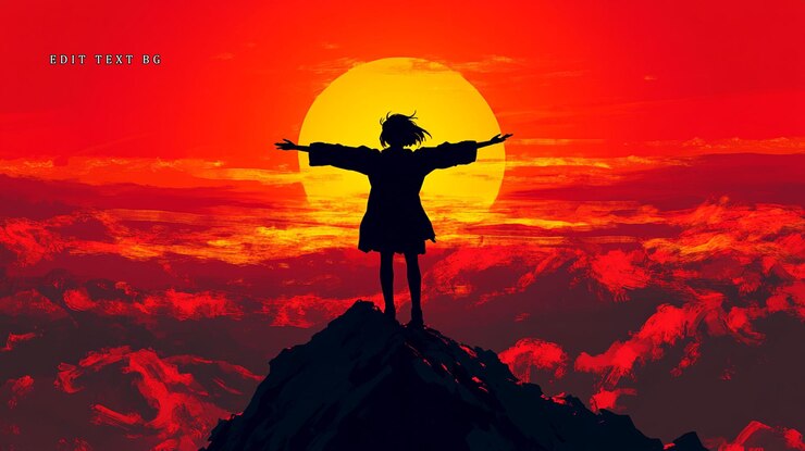 PSD silhouette of a girl with arms outstretched atop a mountain peak during a vibrant red sunset