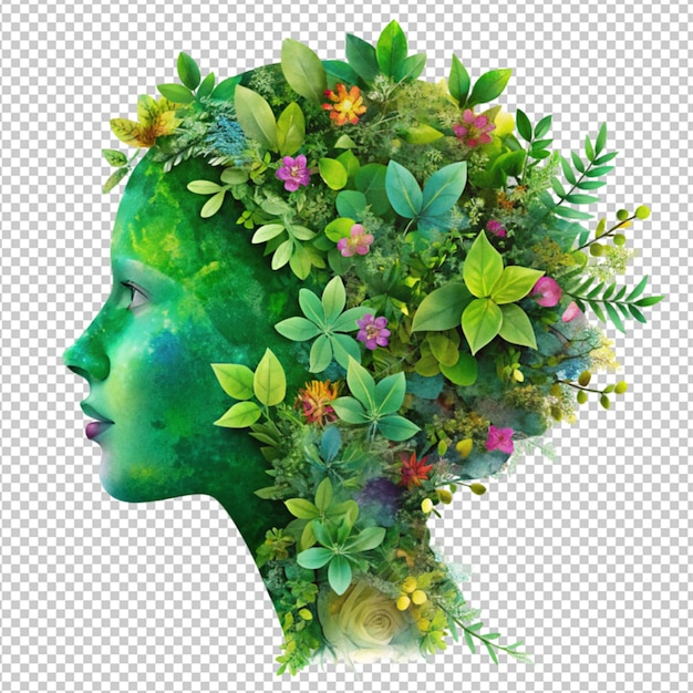 PSD silhouette of a human profile made up of leaves on transparent background