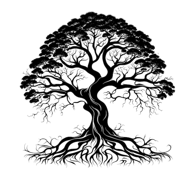 PSD silhouette of a majestic tree vector art style roots gripping tightly into the earth towering