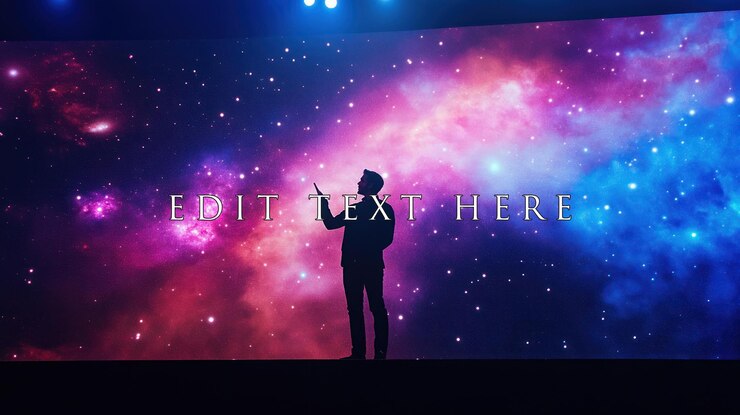 PSD silhouette of a man presenting against a vibrant nebula backdrop on a large screen