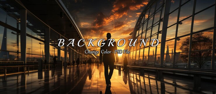 PSD silhouette of a man walking through modern architecture during sunset