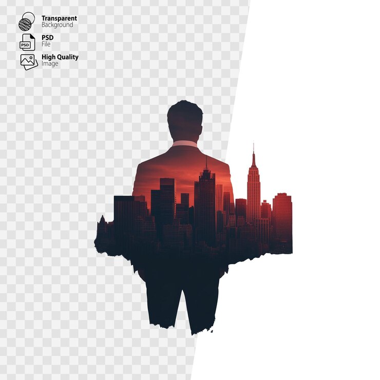 Silhouette of a man with a city skyline overlay on a transparent background