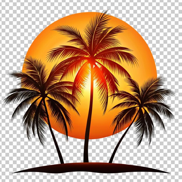 PSD silhouette of palm trees and orange sun on transparent bg