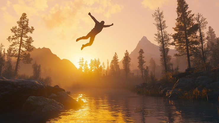 PSD silhouette of a person jumping into a river at sunset in a mountain landscape