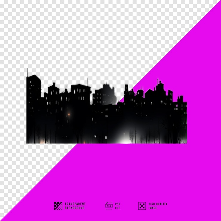 PSD silhouette of a row of buildings in an urban area at night transparent png file