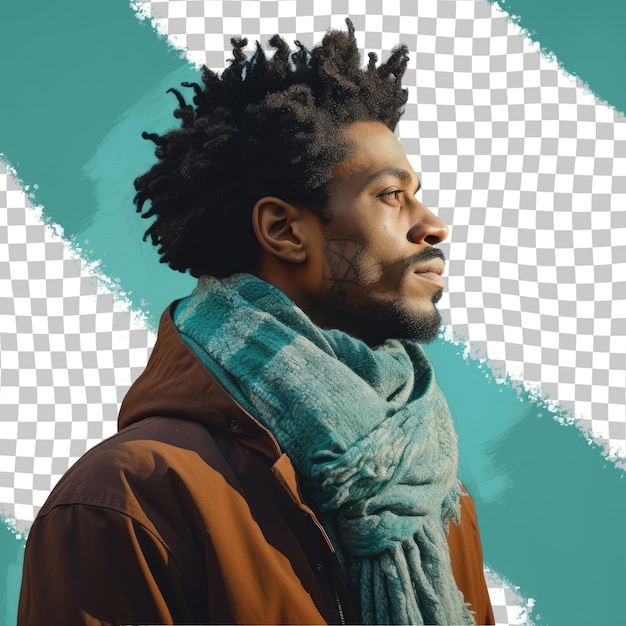 PSD silhouette serene kinky haired african american man knitting scarves dressed in profile pose on pastel turquoise