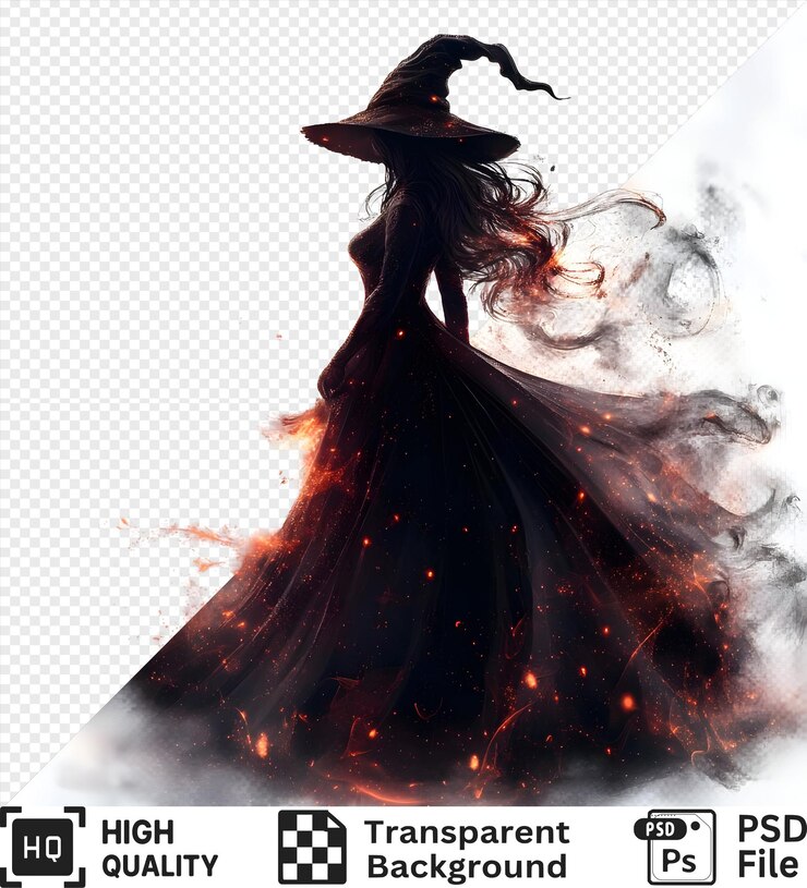 PSD 透明な背景に煙と火花が隔離された黒いドレスと帽子を着た魔女のシルエット