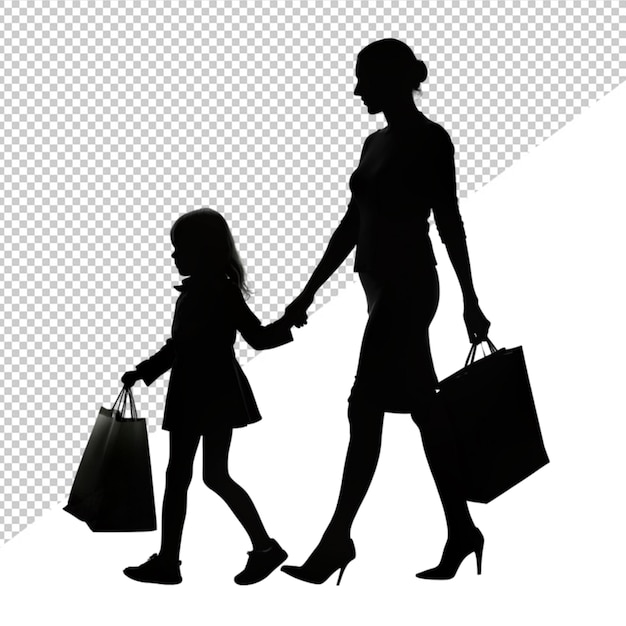 Silhouette di una donna e un bambino che tengono sacchetti da shopping su uno sfondo trasparente