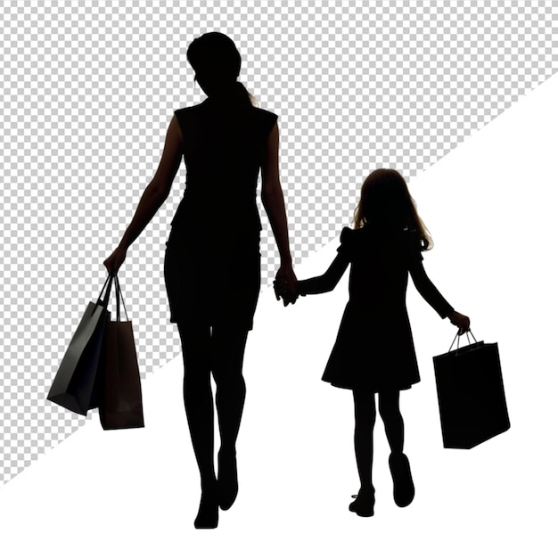 PSD silhouette di una donna e un bambino che tengono sacchetti da shopping su uno sfondo trasparente