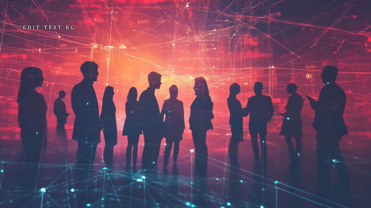 PSD silhouetted business people networking connected by digital lines against a red and blue tech background