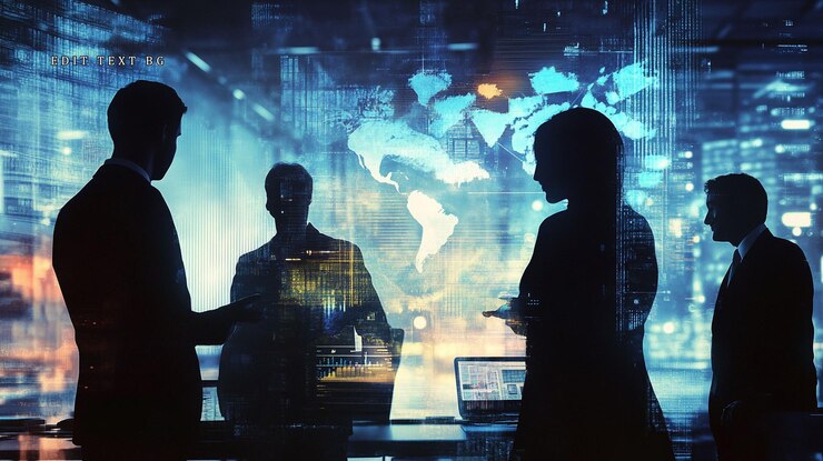 PSD silhouetted businesspeople collaborating on global project data visualization background