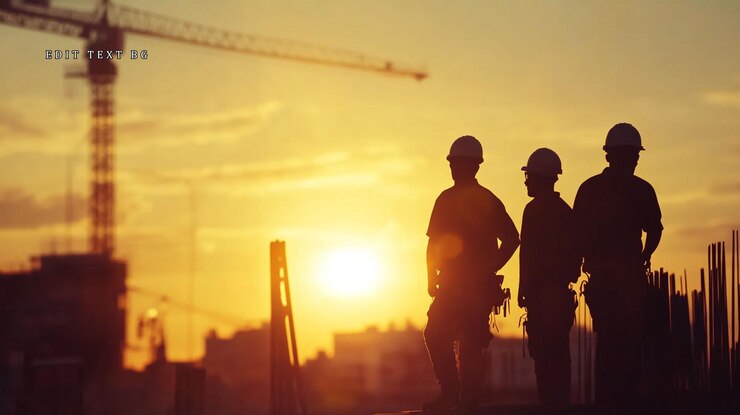 PSD silhouetted construction workers at sunset observing a crane and cityscape