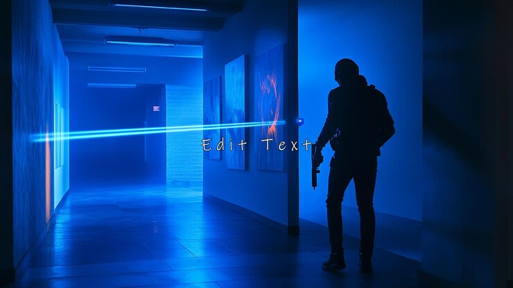 PSD silhouetted figure in bluelit corridor holding weapon