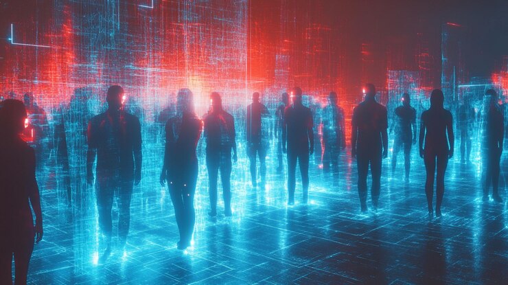 PSD silhouetted figures walking through a futuristic glowing digital cityscape