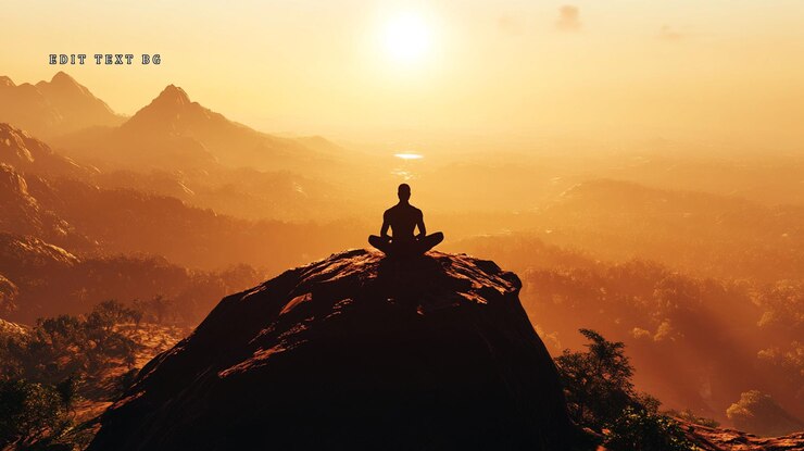 PSD silhouetted man meditates atop mountain peak at sunset overlooking a vast valley