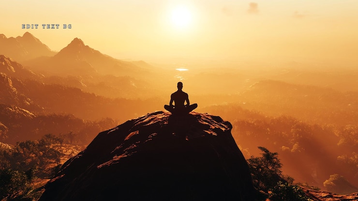 PSD silhouetted man meditates atop mountain peak at sunset overlooking a vast valley