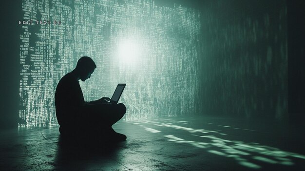 Silhouetted person coding on laptop in dark room with digital code background