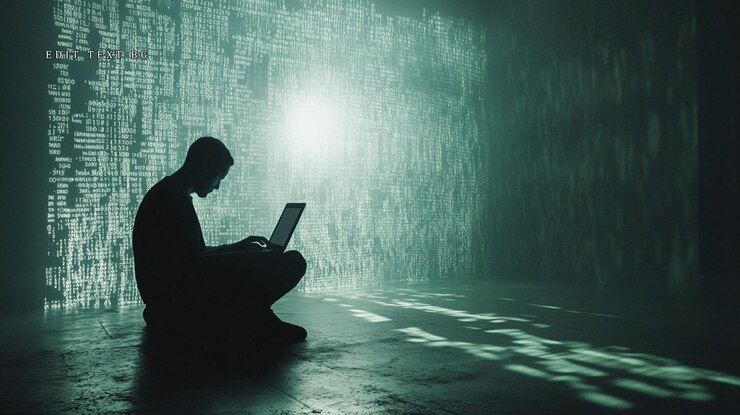 PSD silhouetted person coding on laptop in dark room with digital code background