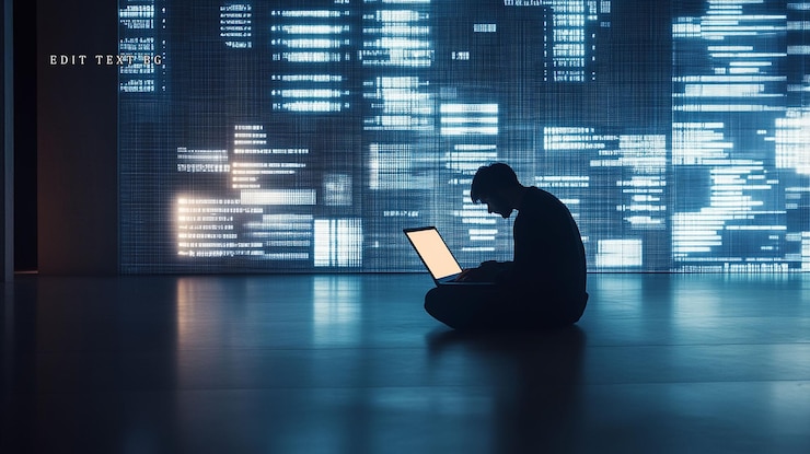 PSD silhouetted programmer working on laptop against glowing code wall