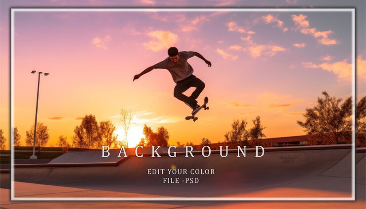 PSD silhouetted skateboarder against sunset