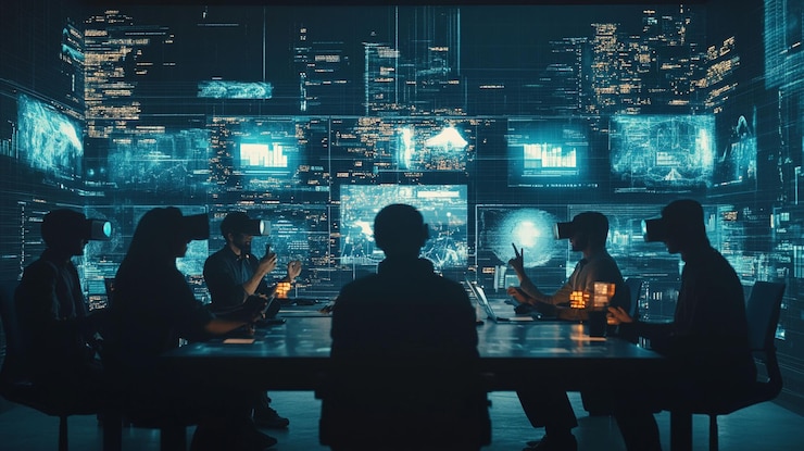PSD silhouetted team in vr headsets collaborates around a table analyzing data on surrounding holographic screens
