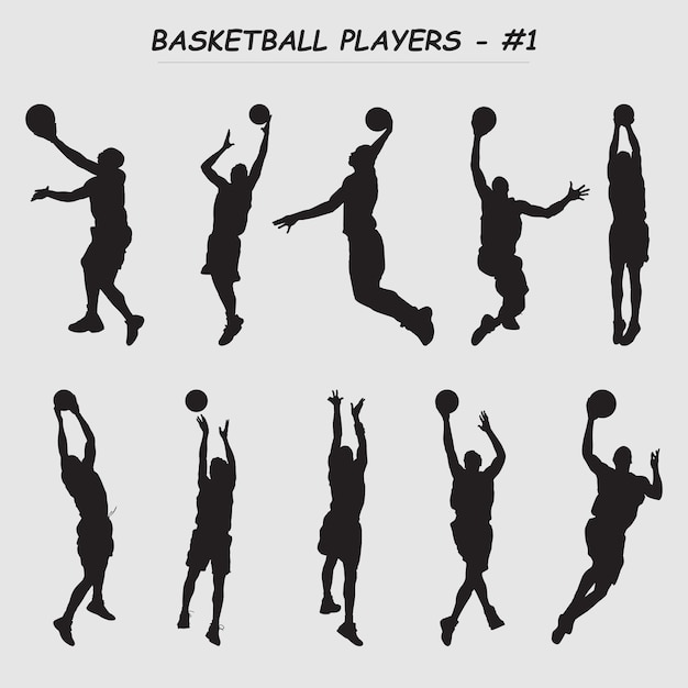 Silhouetten van 10 basketbalspelers in dynamische actie poses