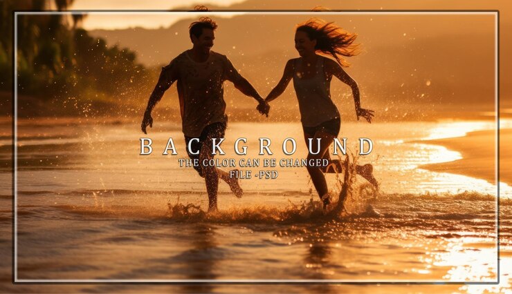 PSD silhouettes of a couple running into the sunset on a beach