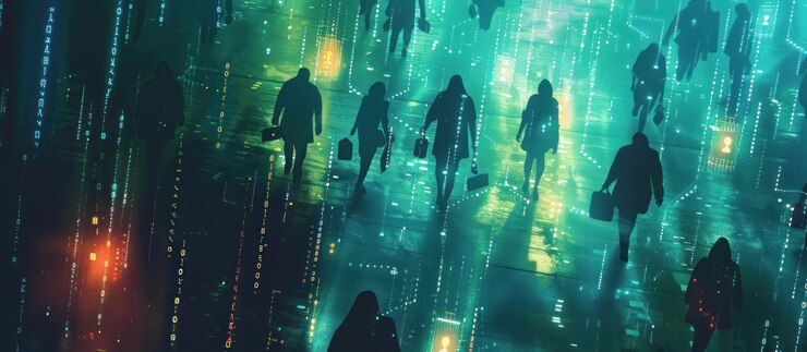 PSD silhouettes of people walking through a neon city