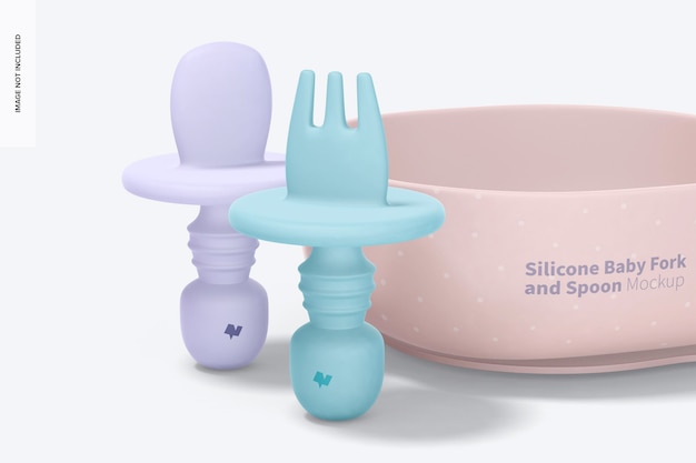 PSD silicone baby fork and spoon mockup, front view