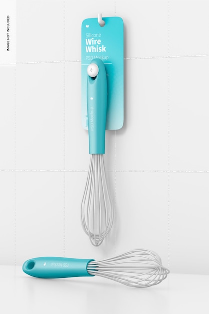 PSD silicone wire whisks mockup, hanging on wall