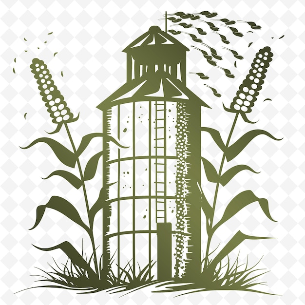 PSD contorno del silo con cornice per la canna dei cereali e cornice per l'illustrazione del simbolo dell'orecchio di mais