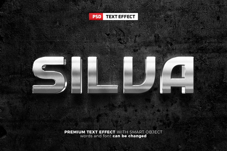 PSD silva серебряное металлическое свечение 3d редактируемый текстовый эффект макет логотипа стены