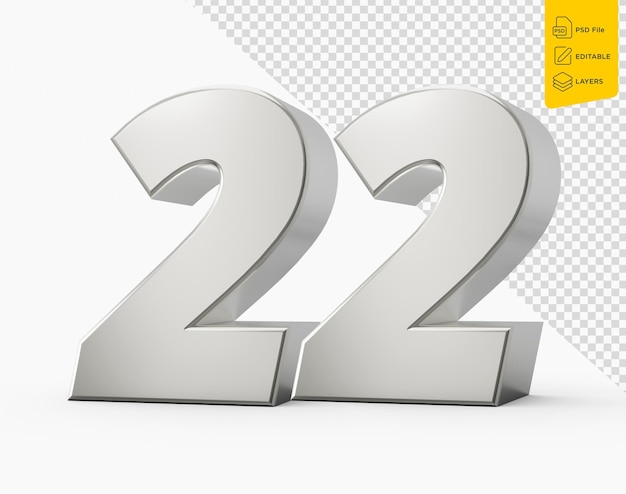 Silver 22 twenty two 3d number isolated on white background 3d illustration