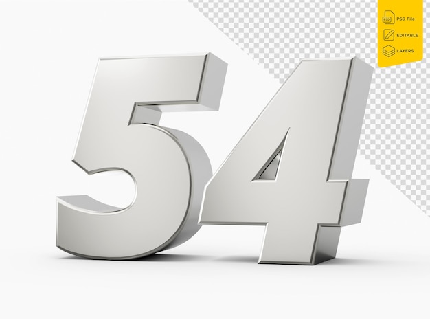 PSD silver 3d numbers 54 fifty four isolated white background 3d illustration