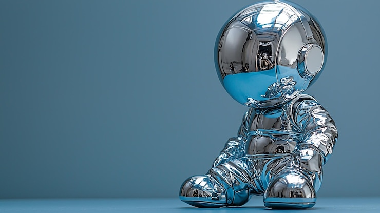 PSD a silver ball with a silver figure sitting on a marble floor