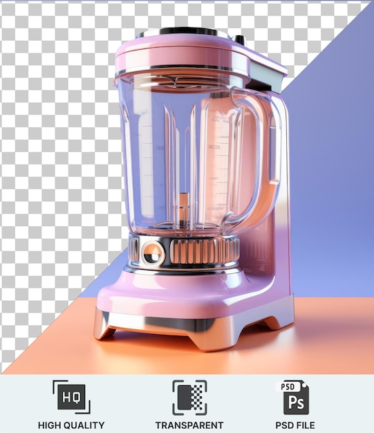 A silver blender with a glass handle sits on a pink table against a blue wall