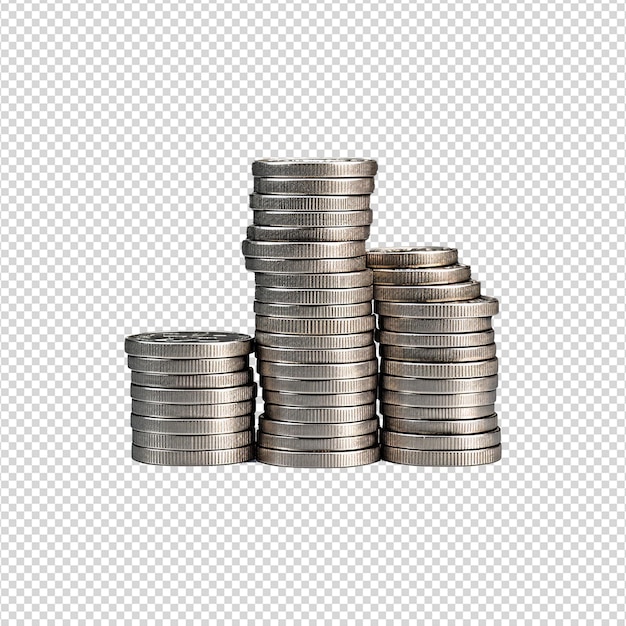 PSD Столб серебряных монет, изолированный на прозрачном фоне