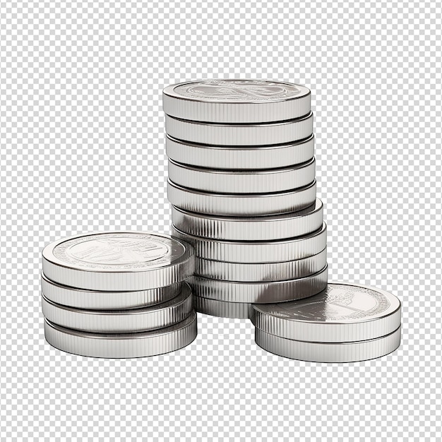Stack di monete d'argento isolato su uno sfondo trasparente