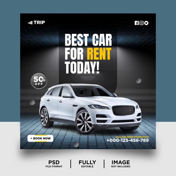 PSD silver color rent a car social media post banner