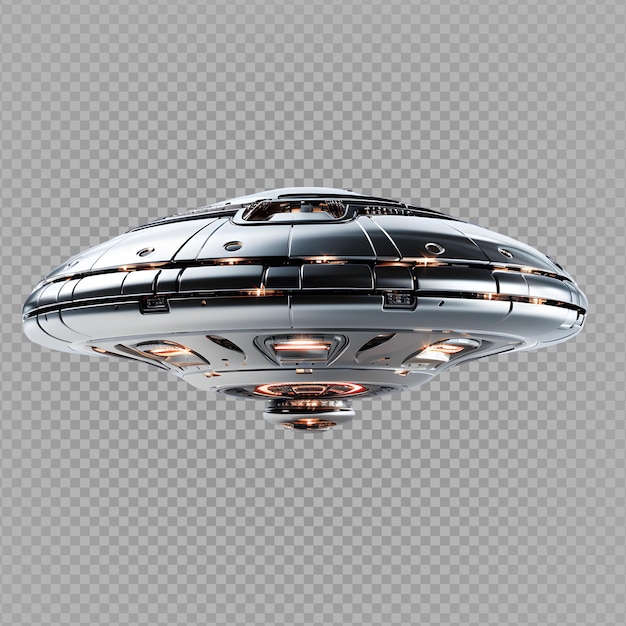 PSD silver flying saucer isolated on transparent background futuristic ufo spaceship png generative ai