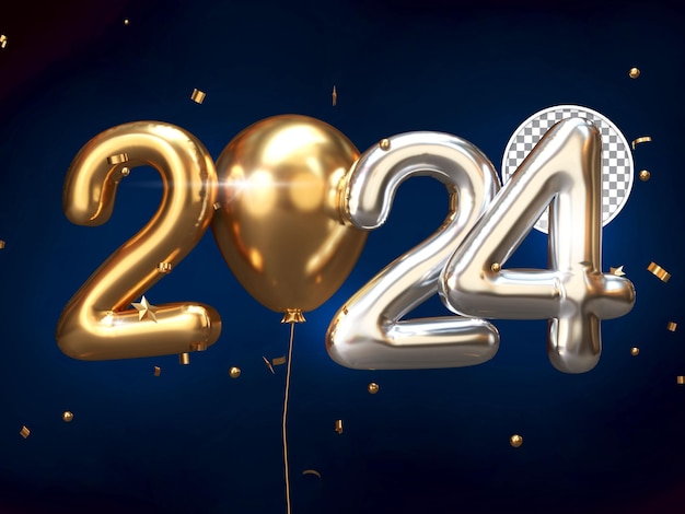 PSD argento e oro capodanno 2024 testo ballon con palloncino 3d render sfondo isolato