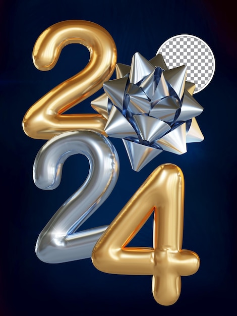 Silver and Gold New Year 2024 Ballon Text With Wrapping Ribbon 3D Render Isolated Background