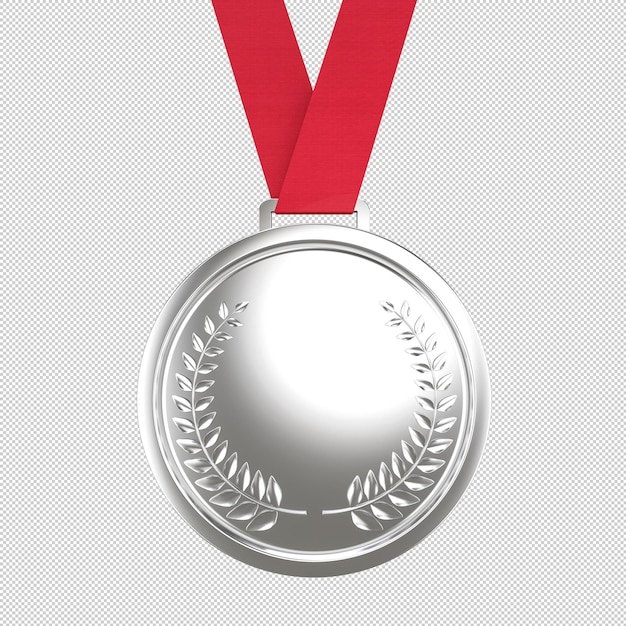 Silver medal with red ribbon on transparent background