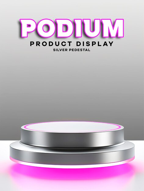 Silver pedestal of platform display with neon modern stand podium on white room background blank