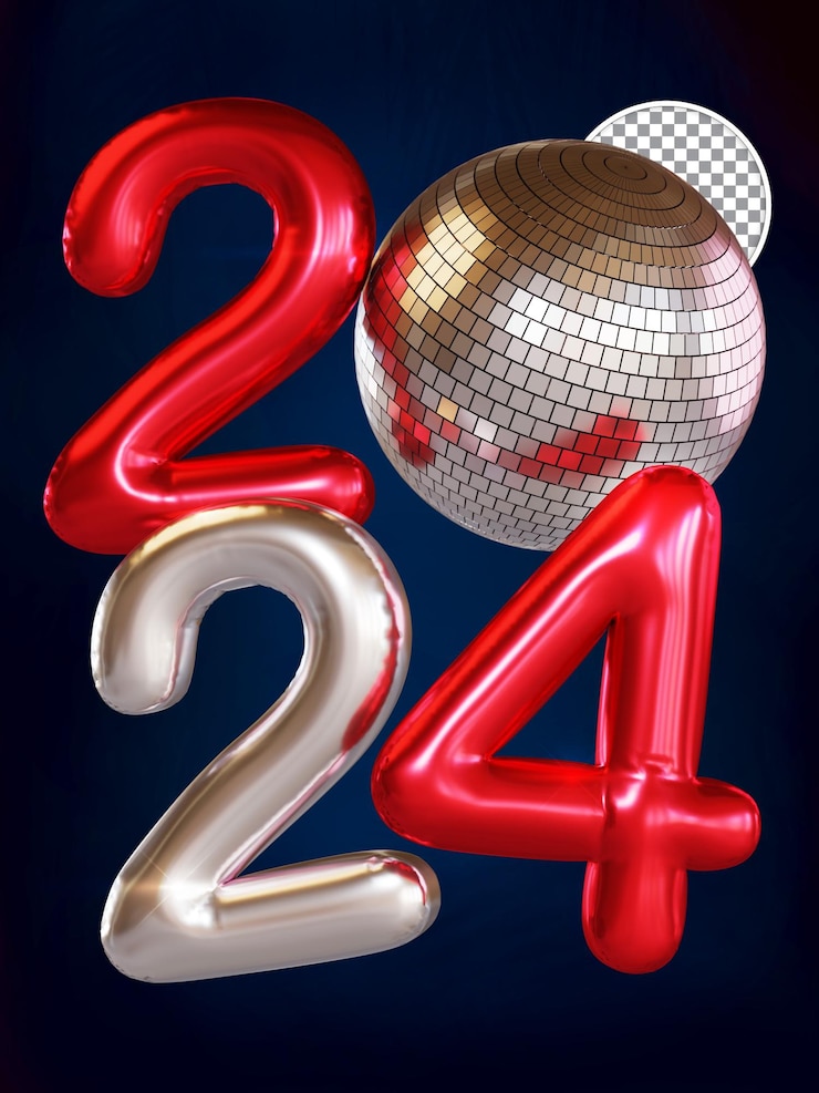 PSD silver and red new year 2024 ballon text with disco ball 3d render isolated background