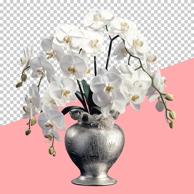 Un vaso d'argento di orchidee bianche raffigurante un'immagine di un oggetto isolato con sfondo trasparente