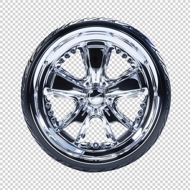 A silver wheel with a silver rim and a round circle on it