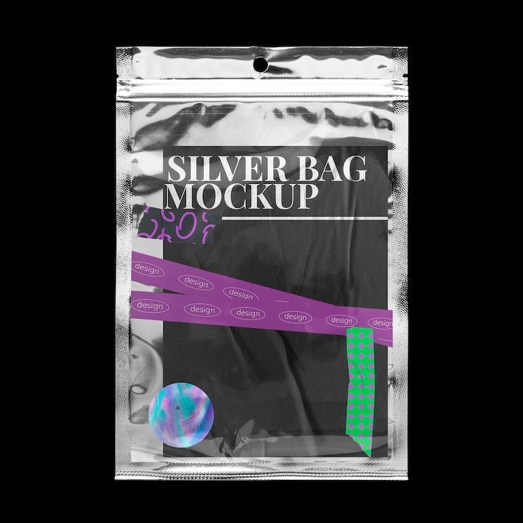 PSD silver zip bag mockup product packaging design psd