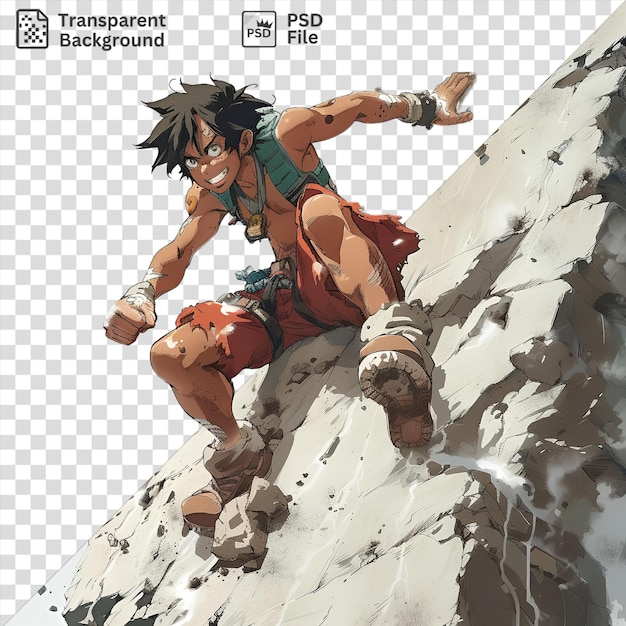 Simon uit gurren lagann een personage uit avatar de laatste airbender met bruine laarzen en zwart haar met een bruin been zichtbaar op de voorgrond